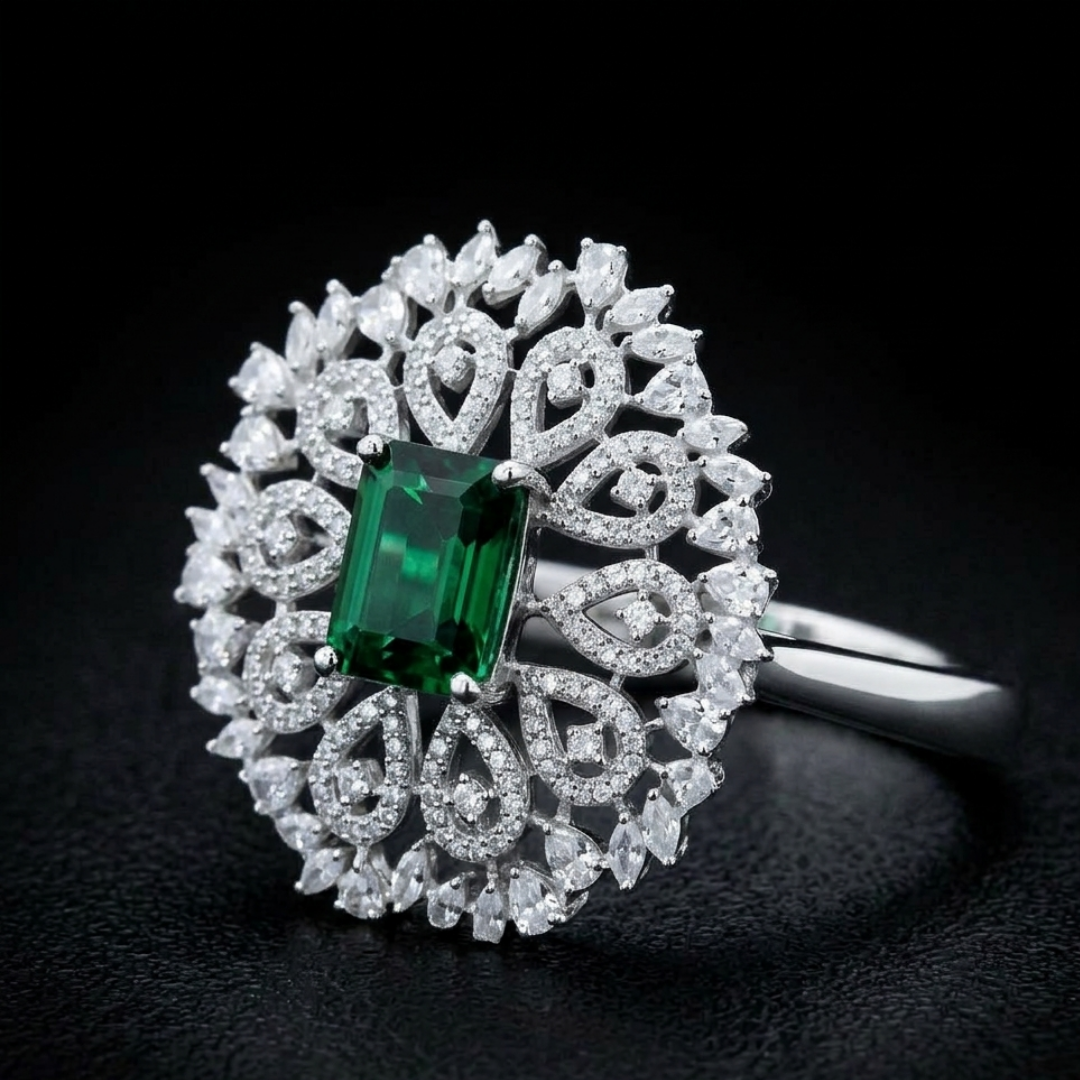 Emerald & Diamond Floral Statement Ring