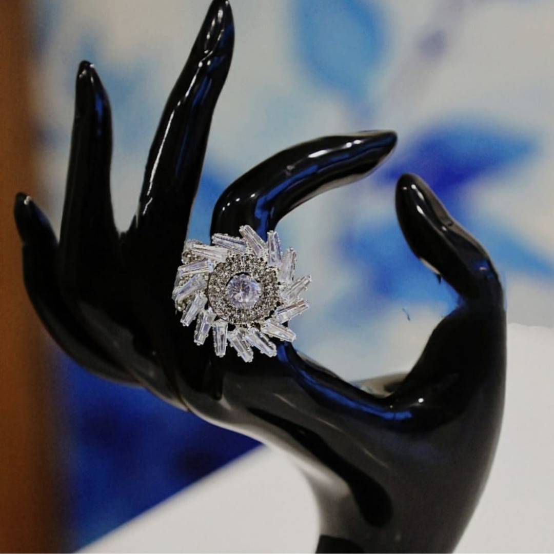 Silver Sunburst Baguette Cocktail Ring