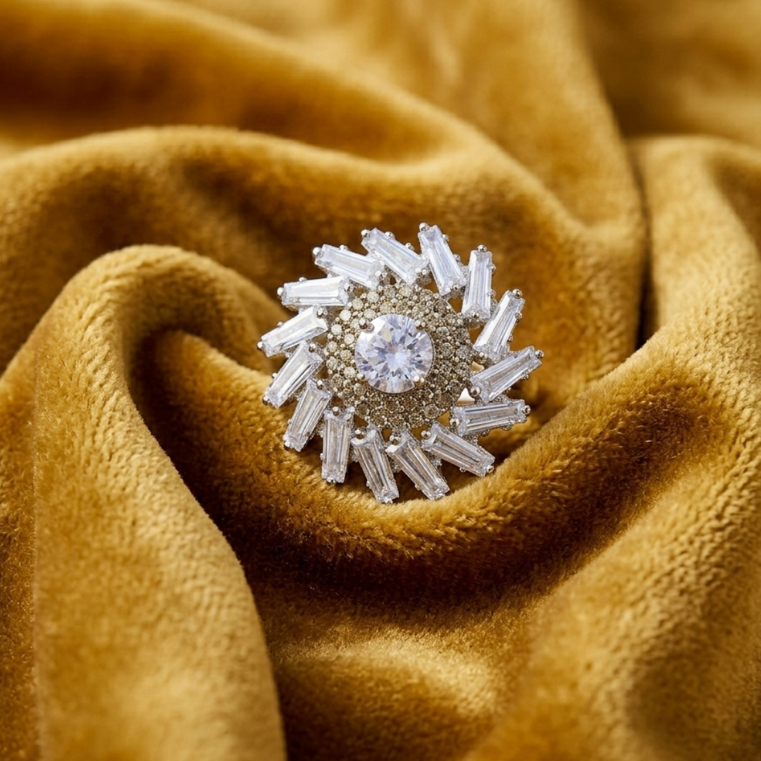 Silver Sunburst Baguette Cocktail Ring