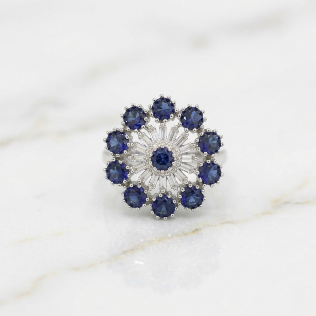 Midnight Sapphire Sunburst Ring