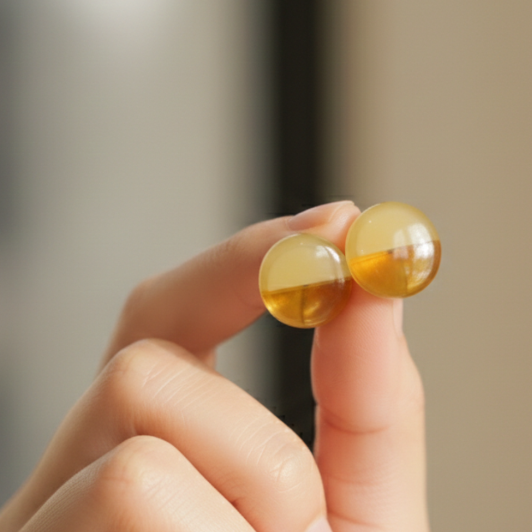 Jwanas Amber Glow Dual-Tone Stud Earring held in hand
