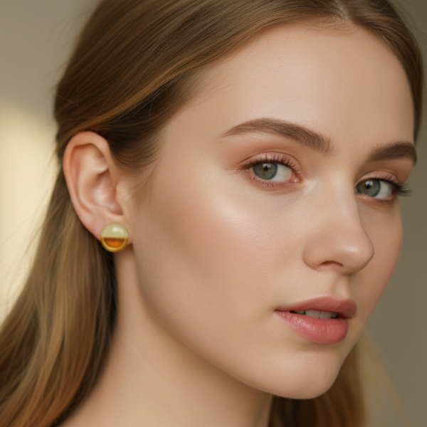 Model wearing Jwanas Amber Glow Dual-Tone Oval Stud Earrings