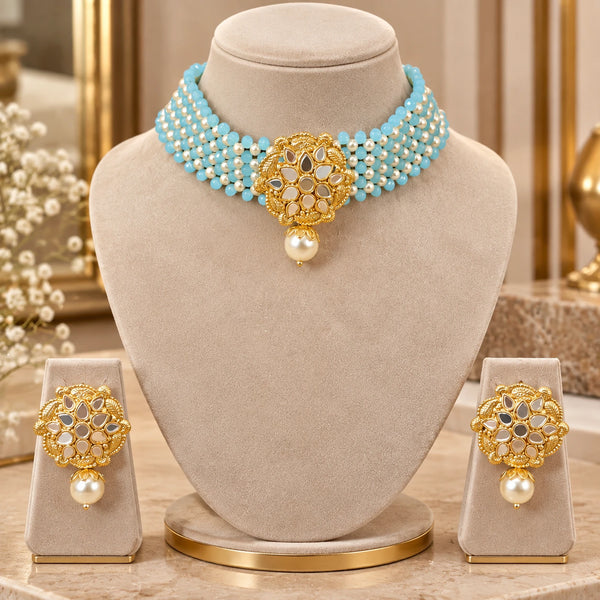 Jwanas Aria Turquoise Pearl Beaded Choker Set displayed on a mannequin bust with matching earrings