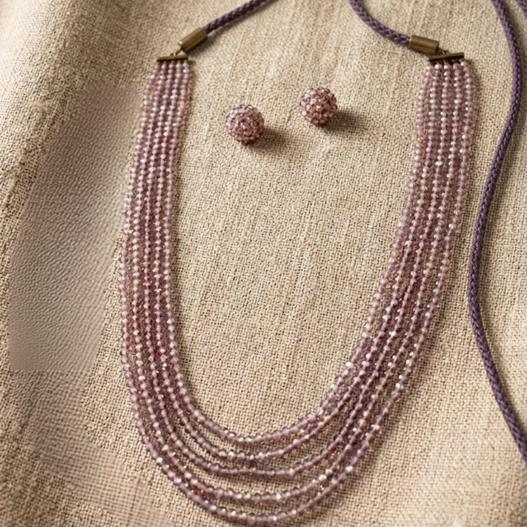 Blush Pink Crystal Multi-Layer Necklace Set flat lay with earrings