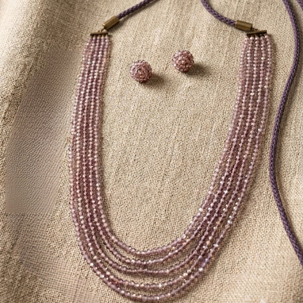 Blush Pink Crystal Multi-Layer Necklace Set flat lay with earrings
