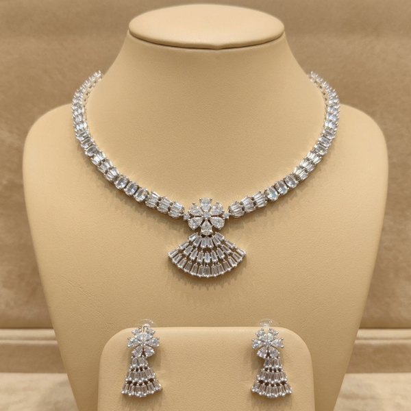 Crystal Bloom Designer Necklace Set displayed on mannequin