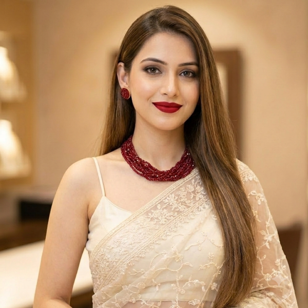 Model in beige saree wearing Elegant Crimson Beaded Multi-Layer Necklace and Earring Set