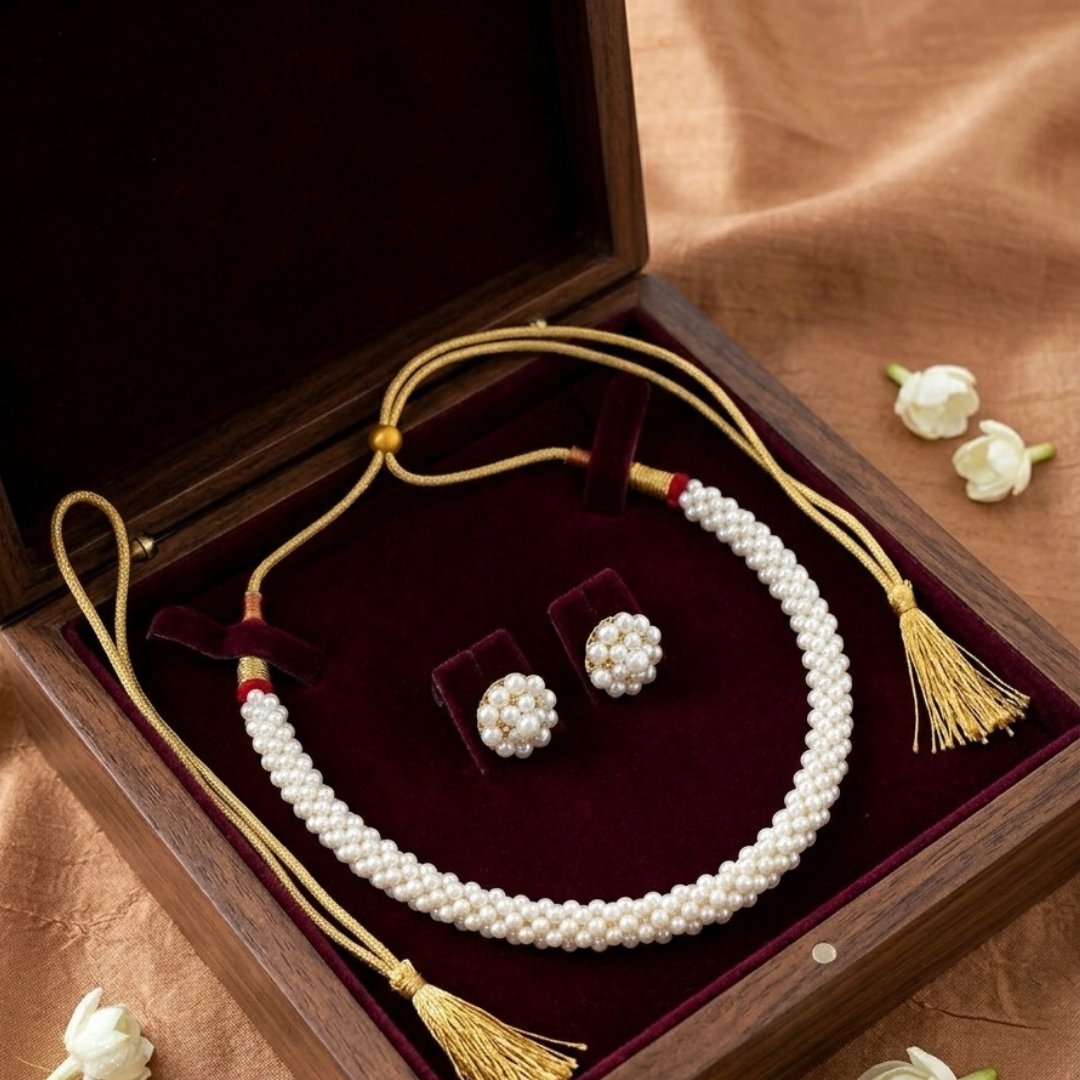 Elegant White Pearl Jewellery Set displayed in wooden jewellery box.