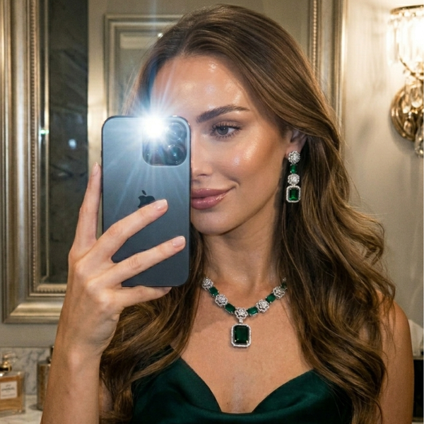 Model wearing Jwanas Emerald-Bloom Floral Necklace Set with earrings
