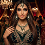 Model wearing Jwanas Emerald-Green Crystal Designer Jewellery Set with necklace and maang tikka