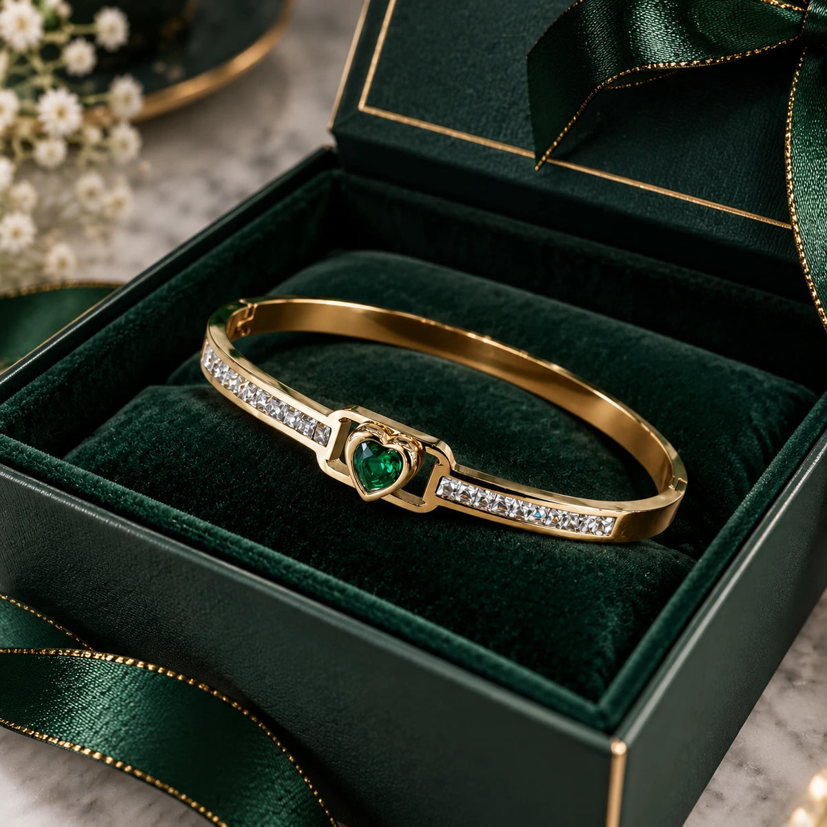 Jwanas Emerald-Green Heart Bangle Bracelet displayed inside an open green velvet jewellery box with ribbon