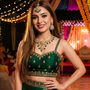 Model wearing Jwanas Emerald-Green Elegance Kundan Bridal Necklace Set with maang tikka