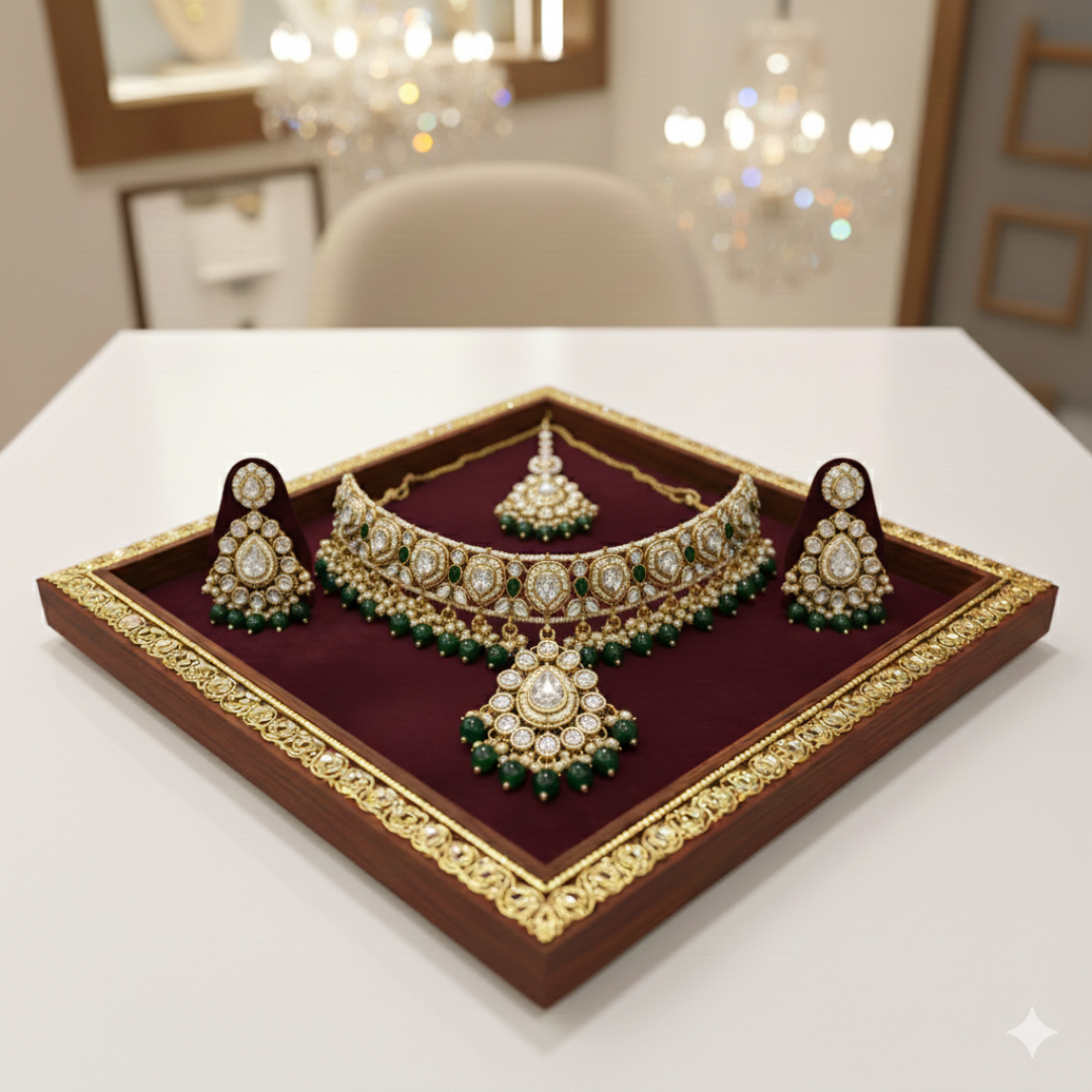 Jwanas Emerald-Green Rajwadi Bridal Set flat lay on velvet tray