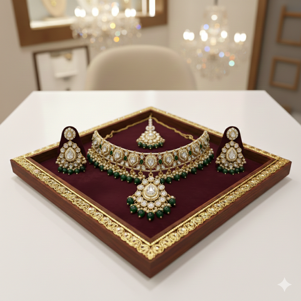 Jwanas Emerald-Green Rajwadi Bridal Set flat lay on velvet tray