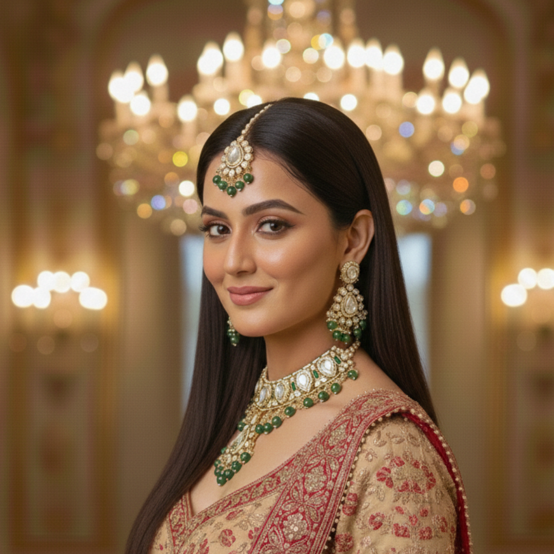 Bride wearing Jwanas Emerald-Green Rajwadi maang tikka and earrings
