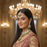 Bride wearing Jwanas Emerald-Green Rajwadi maang tikka and earrings