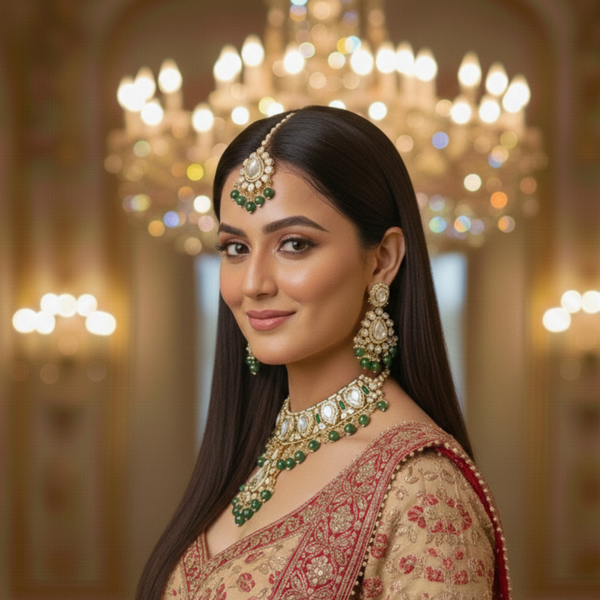 Bride wearing Jwanas Emerald-Green Rajwadi maang tikka and earrings