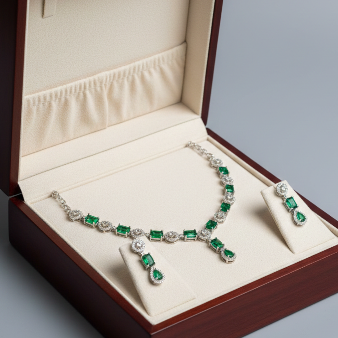 Emerald Queen Drop Necklace Set displayed in jewellery box.
