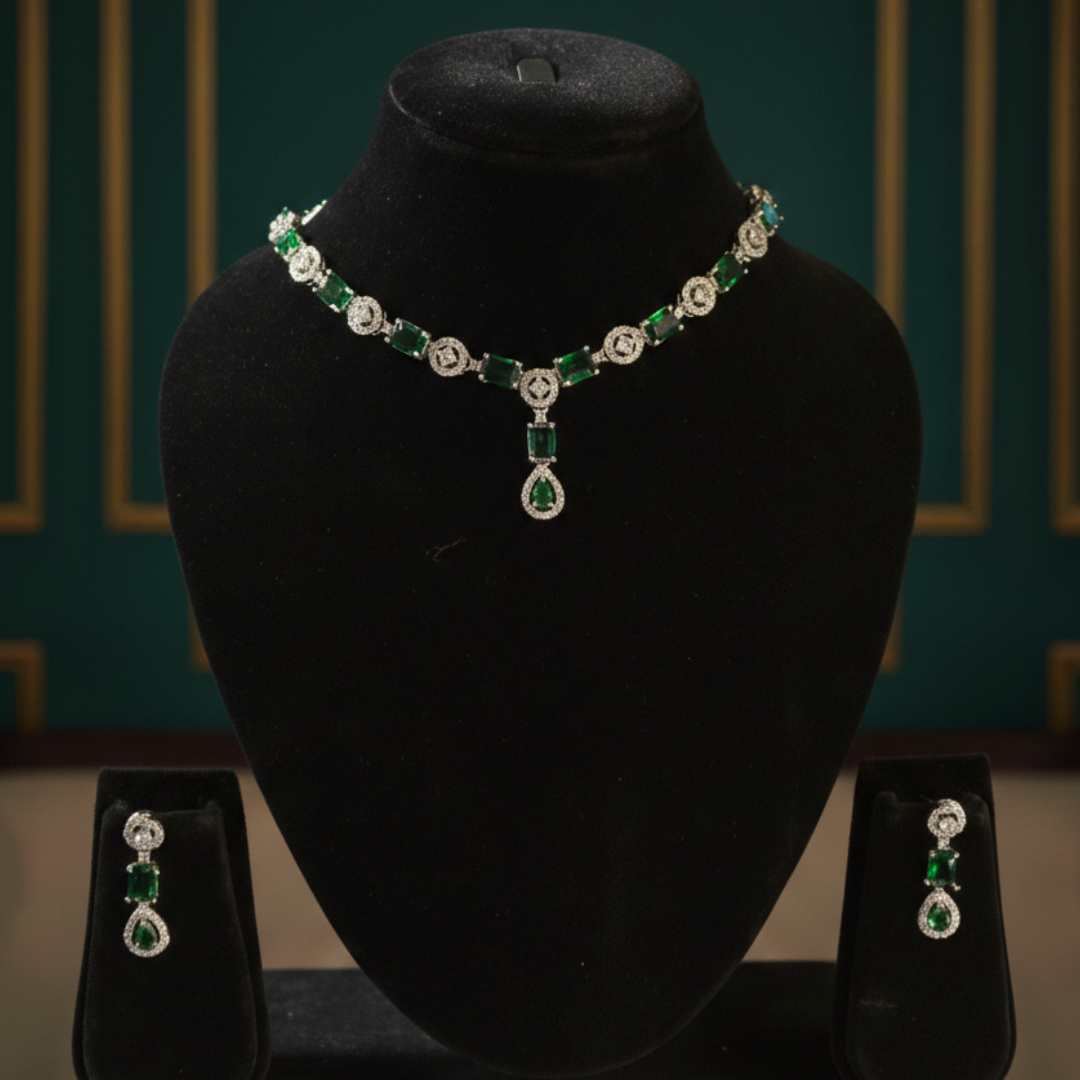 Emerald Queen Drop Necklace Set displayed on mannequin.