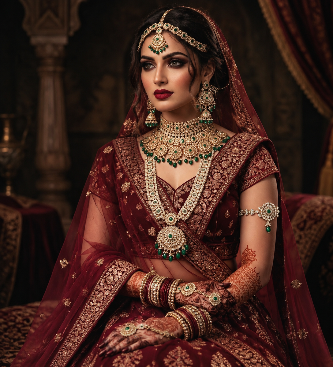 Bride wearing Jwanas Empress Emerald Kundan Bridal Choker Set