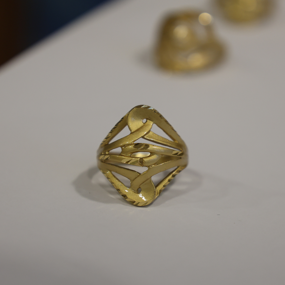 Close-up flat lay of the Jwanas Gilded Lattice Statement Ring highlighting the diamond-cut texture