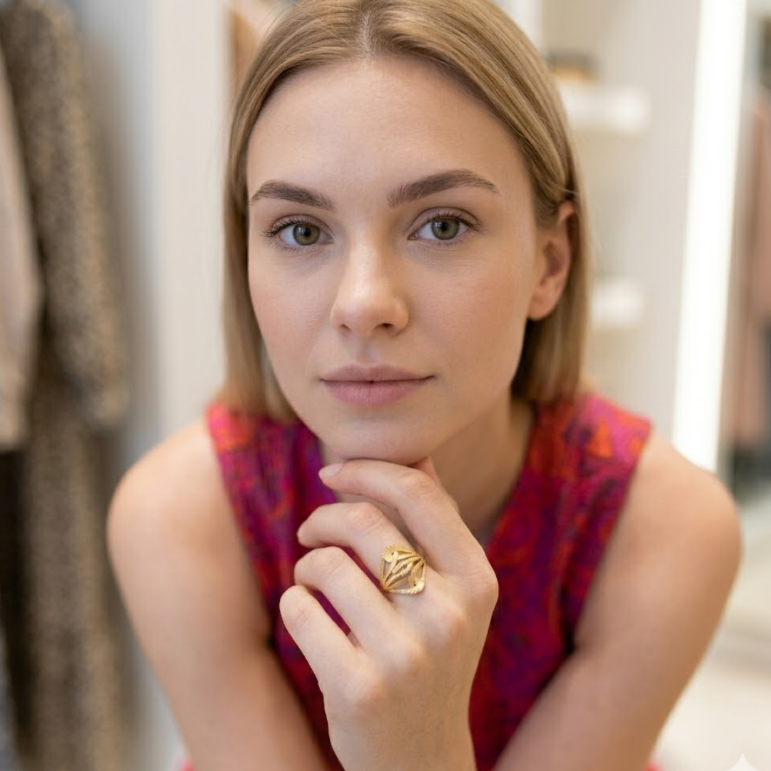 Model wearing the Jwanas Gilded Lattice Statement Ring on her finger, close-up portrait