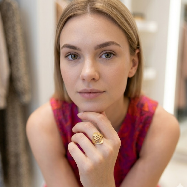 Model wearing the Jwanas Gilded Lattice Statement Ring on her finger, close-up portrait