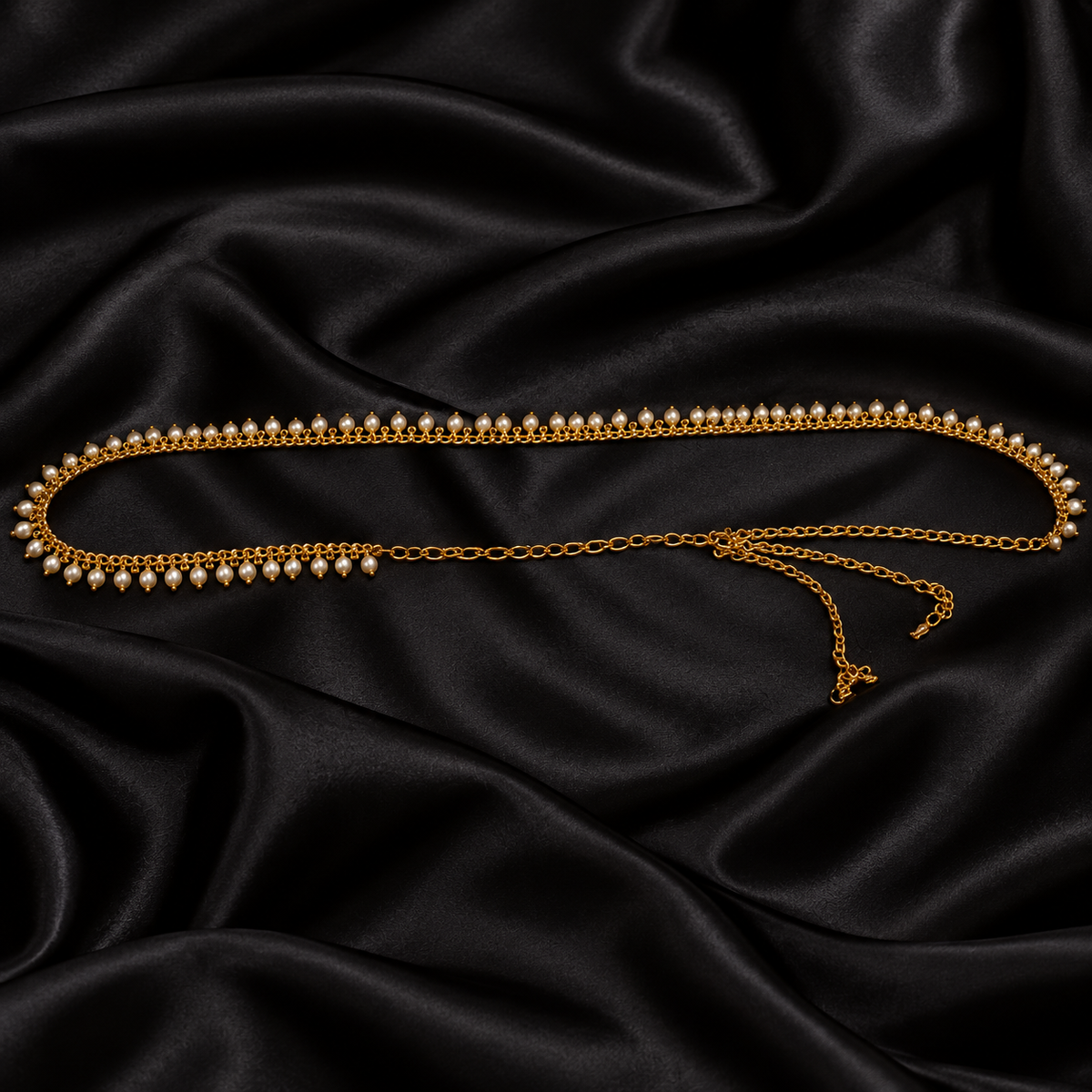 Jwanas Golden Pearl Elegance Waist Chain arranged on black satin, showcasing its gold-tone chain and delicate white pearl detailing.
