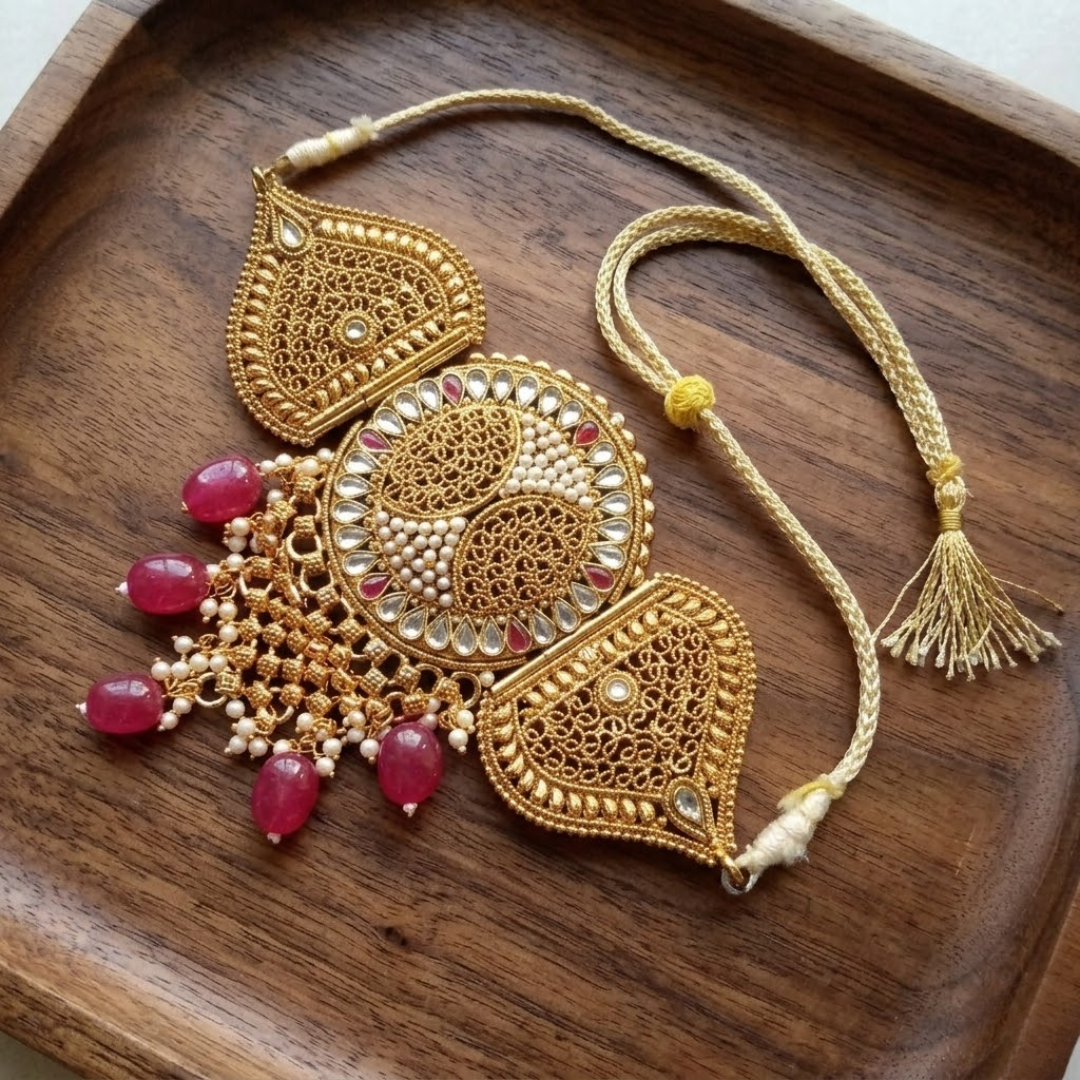 Jwanas Heritage Gold Filigree Choker flat lay on wooden tray