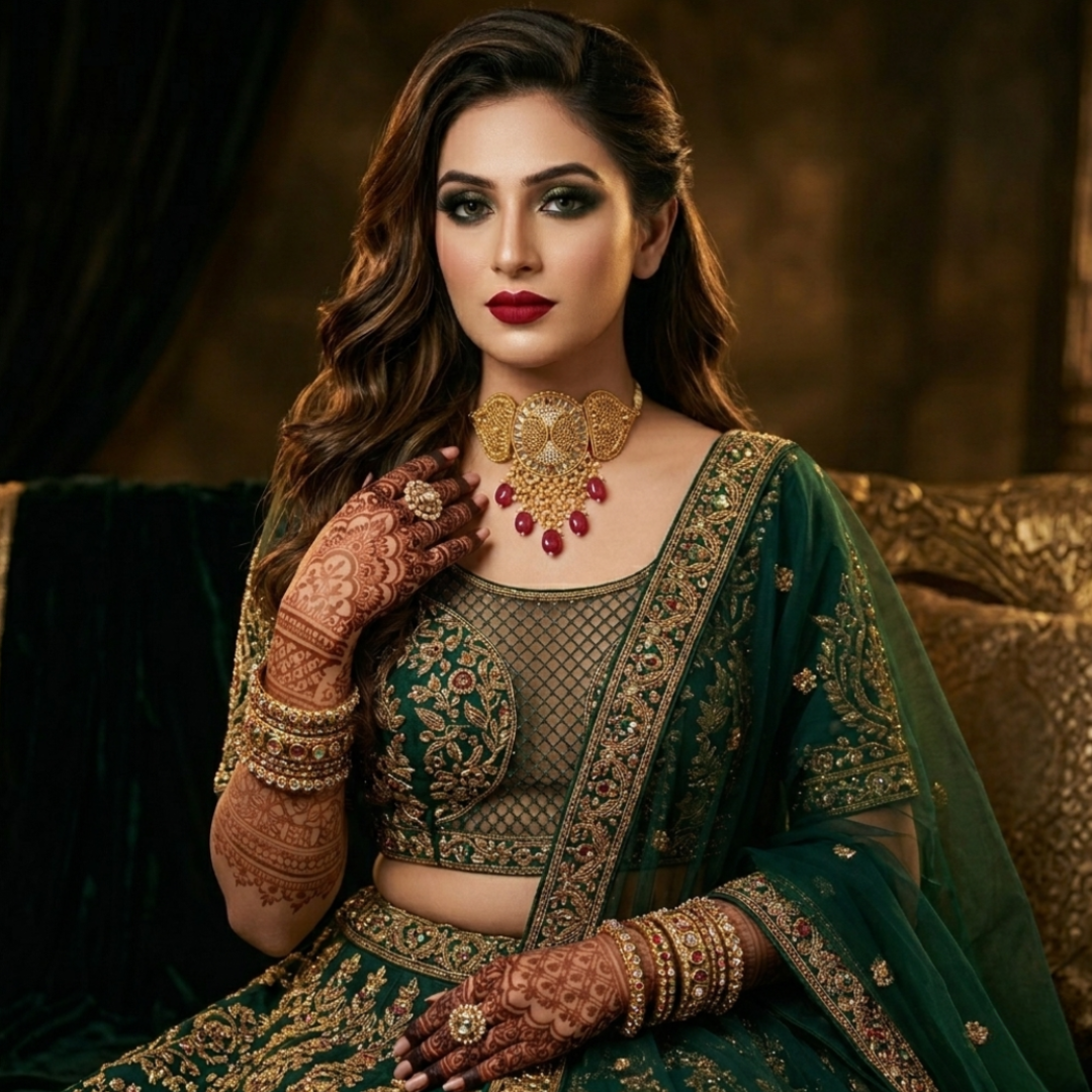 Model wearing Jwanas Heritage Gold Filigree Choker with matching jewellery