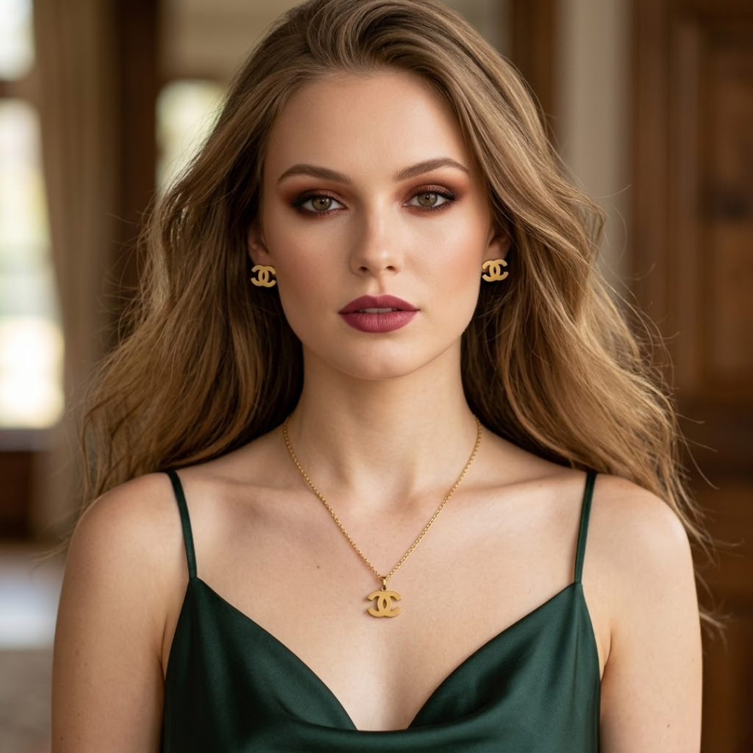 Model wearing Jwanas Iconic Interlocking Pendant and Stud Earrings