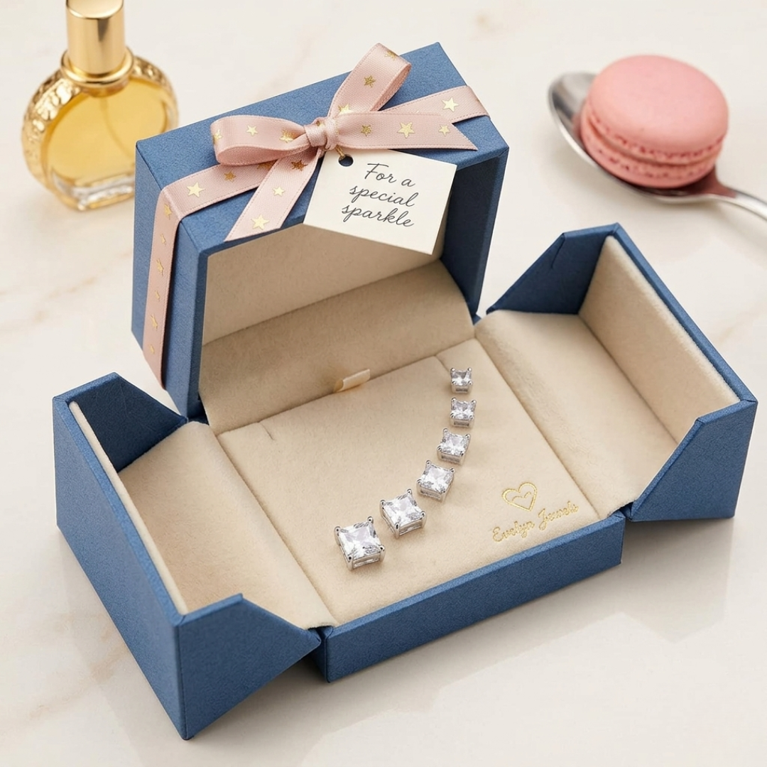 Jwanas Lucent Princess-Cut Studs displayed in gift box packaging