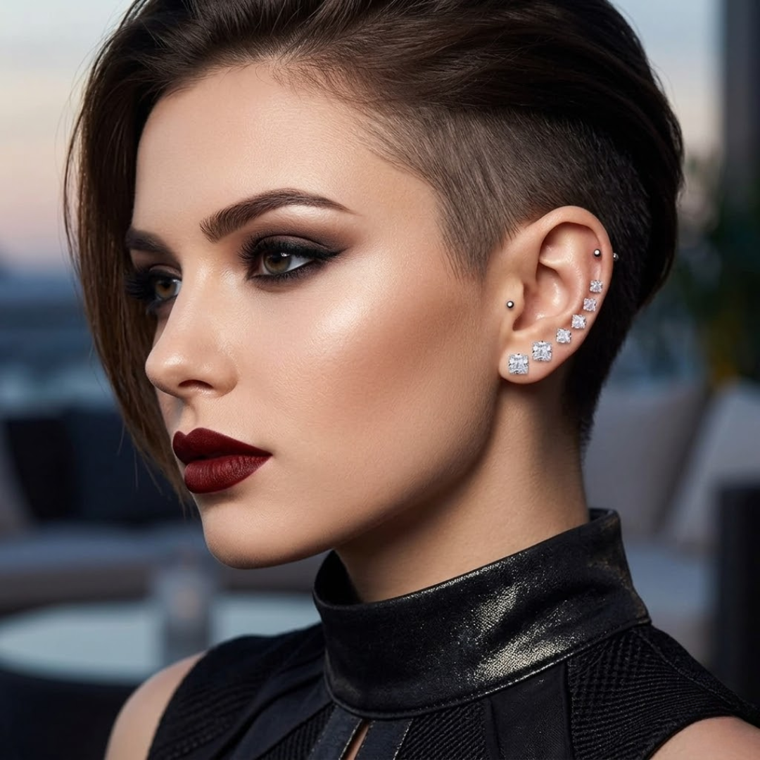 Model wearing Jwanas Lucent Princess-Cut Stud Earrings
