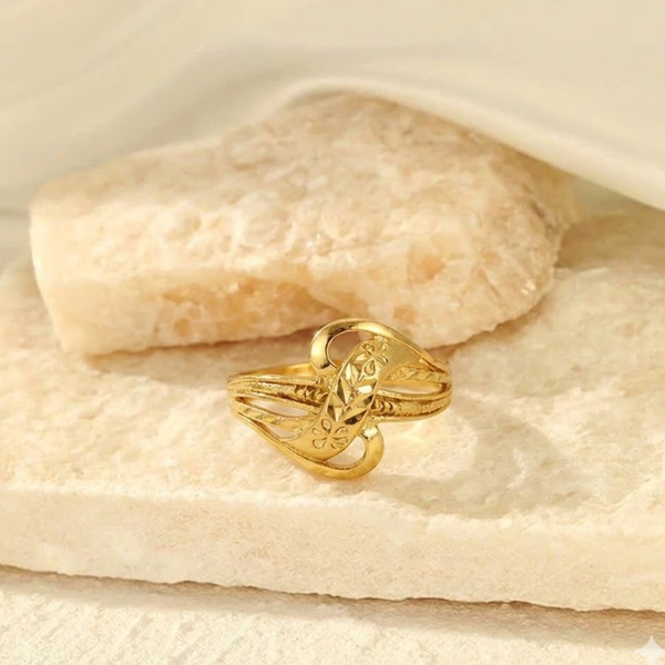 Jwanas Luna Petal Ring flat lay on light fabric