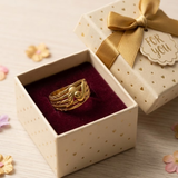 Jwanas Lyra Textured Band Ring
 displayed in jewellery box packaging