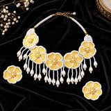 Jwanas Marigold Bloom Handmade Necklace Set flat lay on black velvet