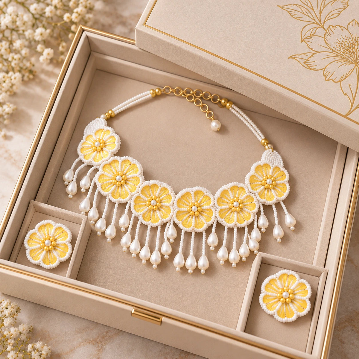 Jwanas Marigold Bloom Handmade Necklace Set displayed in gift box