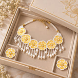 Jwanas Marigold Bloom Handmade Necklace Set displayed in gift box
