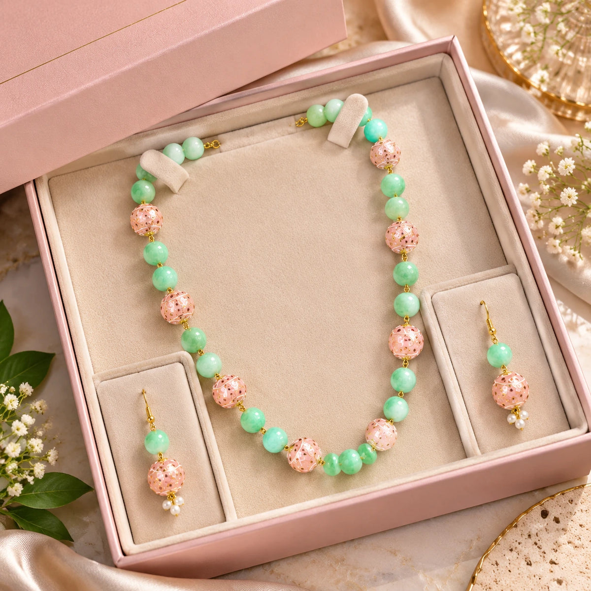 Jwanas Meadow Jade & Blossom Beaded Necklace Set displayed inside an open pink jewellery box with matching earrings