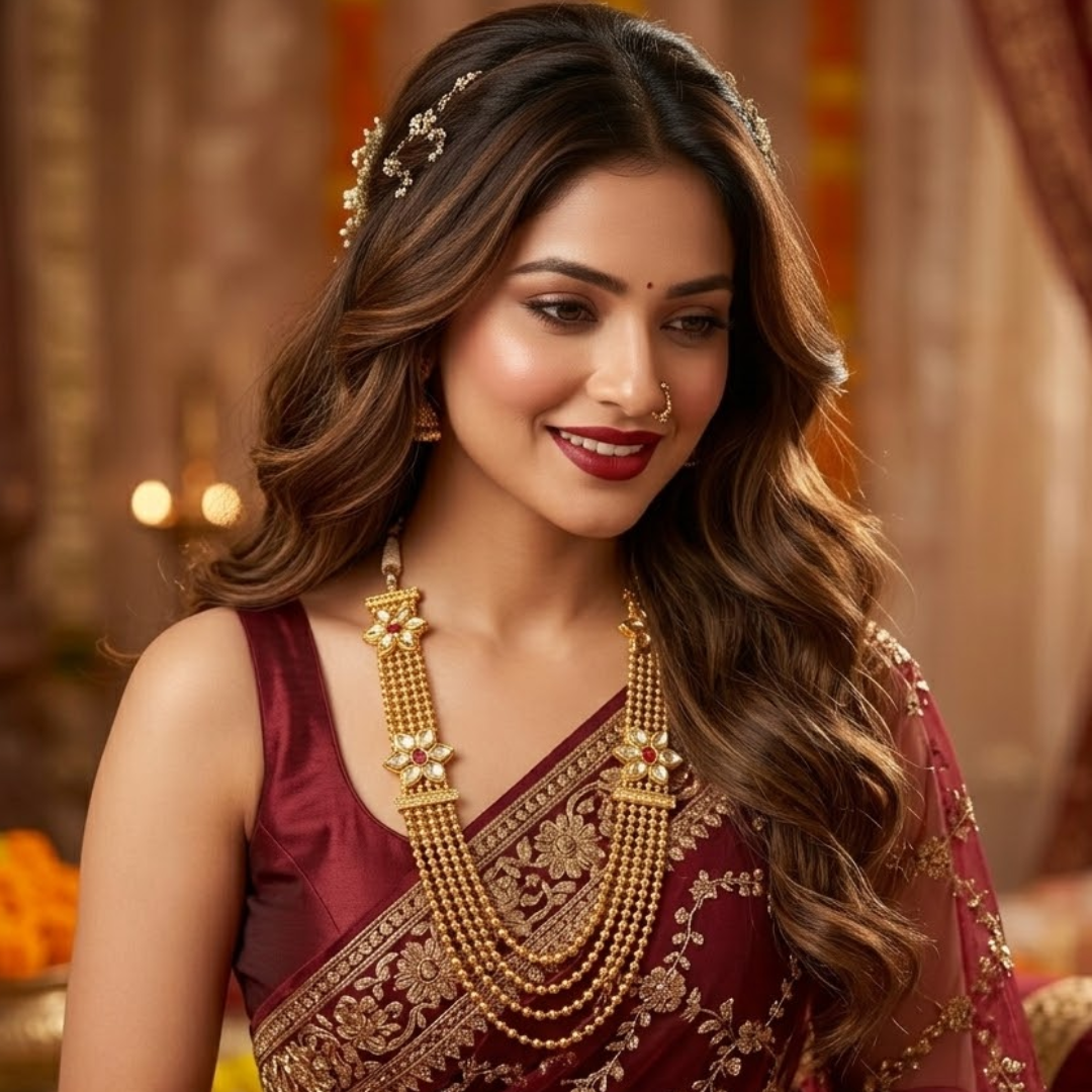 Model wearing Jwanas Noor Multi-Layered Gold Bead Kundan Mala