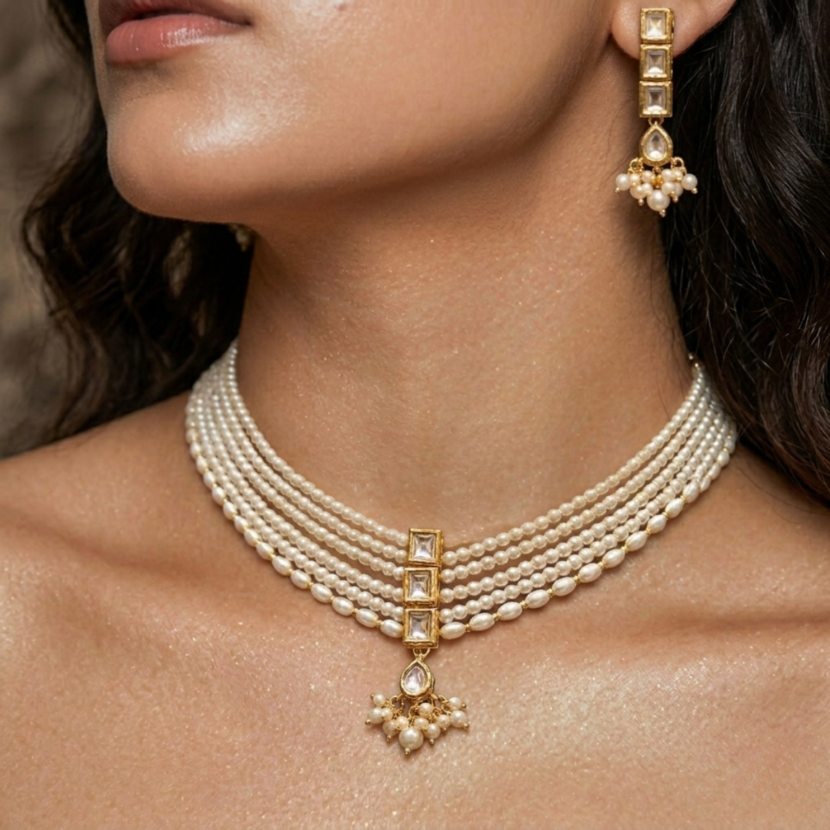 Close-up of Pearl Kundan Multi-Layer Necklace Set with earrings