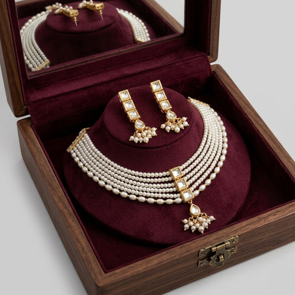 Pearl Kundan Multi-Layer Necklace Set displayed in wooden jewellery box