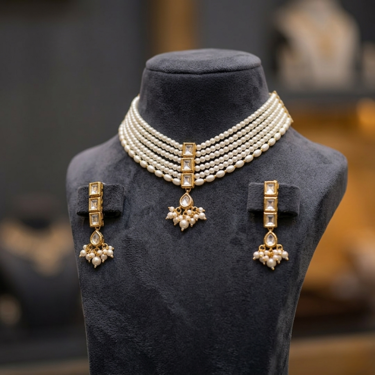 Pearl Kundan Multi-Layer Necklace Set displayed on mannequin