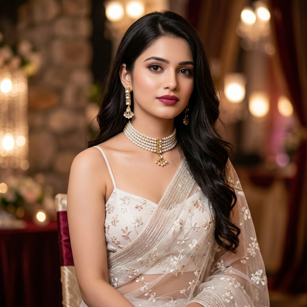Model wearing Pearl Kundan Multi-Layer Necklace Set with matching earrings