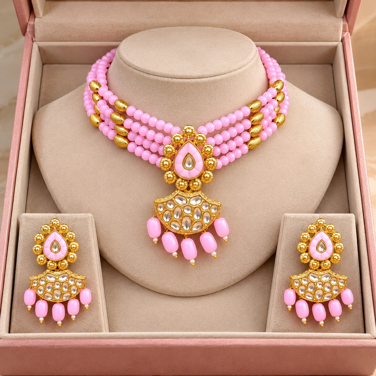 Jwanas Pink Blossom Beaded Choker Set displayed inside an open pink jewellery box with matching earrings