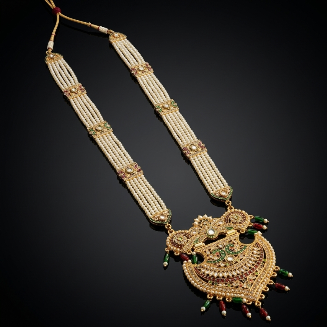 Premium artificial jewellery Rajwada Kundan Meenakari Long Haar necklace flatlay