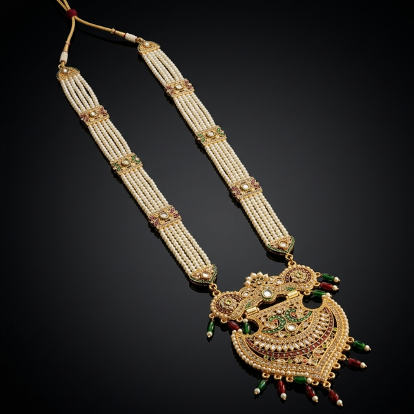Premium artificial jewellery Rajwada Kundan Meenakari Long Haar necklace flatlay