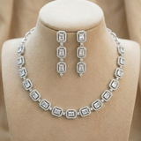 Jwanas Silver-Tone Square-Cut Crystal Necklace Set with earrings displayed on mannequin
