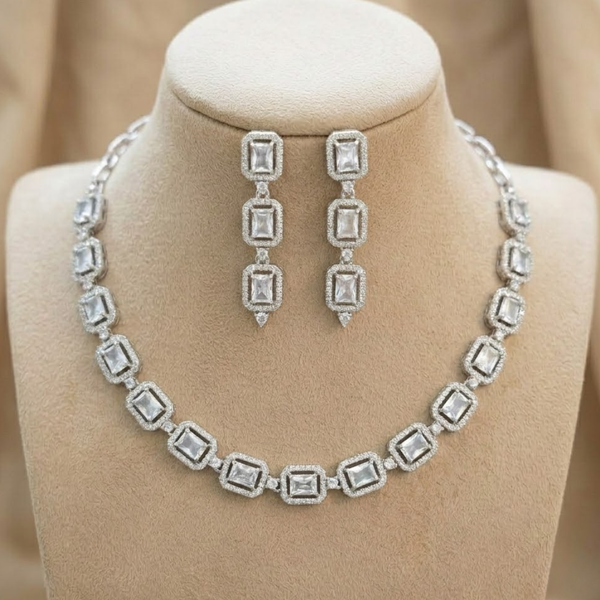 Jwanas Silver-Tone Square-Cut Crystal Necklace Set with earrings displayed on mannequin