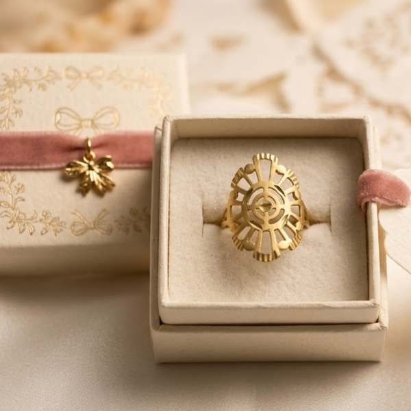 Jwanas Radiant Solar Mandala Ring shown inside an open jewellery box